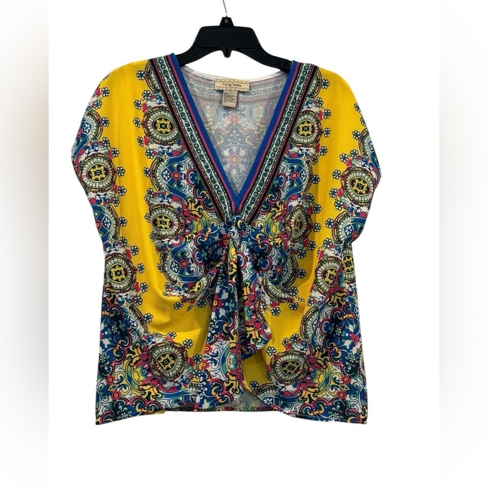 Women’s Flying Tomato Textured Multicolor Front Tie Short Sleeve Blouse: Small